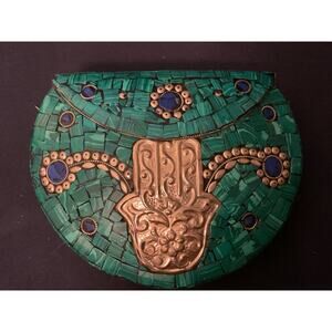 Ramla Clutch Bag Moroccan Mosaic Green Crossbody Unique Gold Blue Hamsa Hand